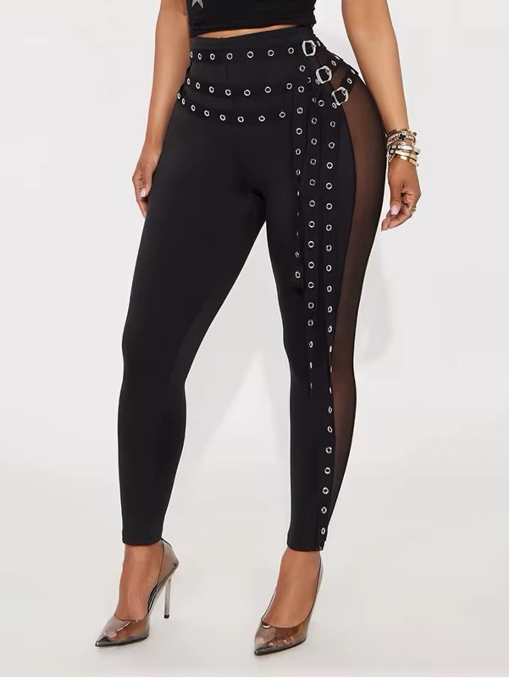 Black High-Waist Grommet Mesh-Panel Leggings